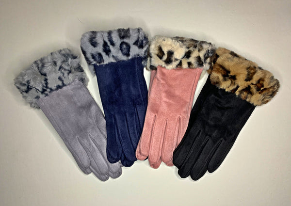 Leopard Print Faux Fur Trim Gloves